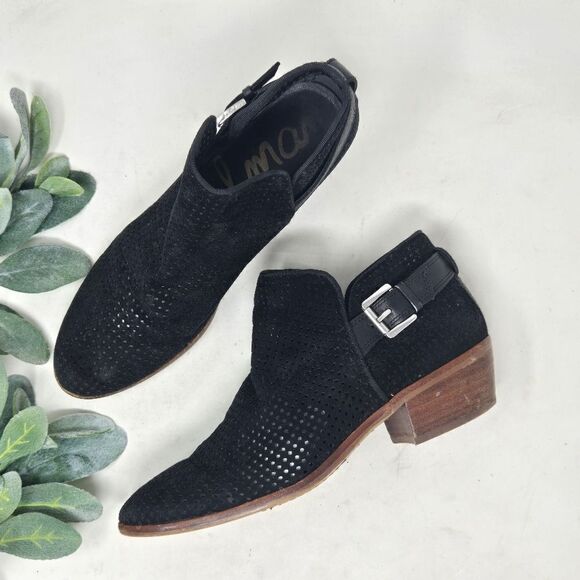 SAM EDELMAN Perforated Low Heel Black Suede Booties 7.5 - Picture 10 of 10